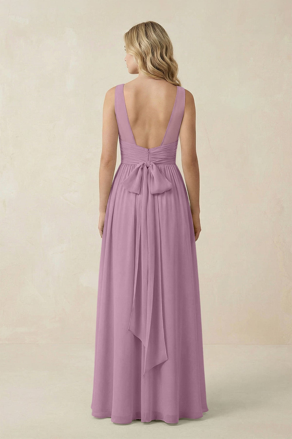 V - Neck A - Line Bridesmaid Dress with Back Bow in Wisteria - SHE IS ME Bridesmaid Dresses