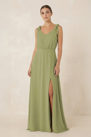 V-Neck A-Line Chiffon Bridesmaid Dress in Moss Green - SHE IS ME BRIDESMAID DRESSES
