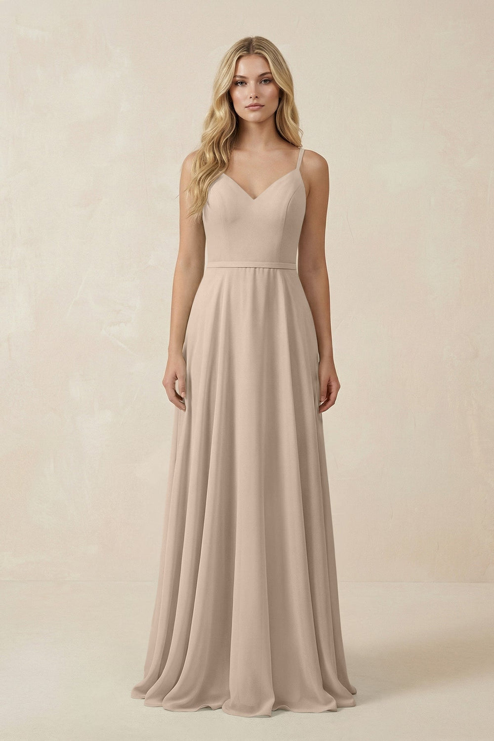 V - Neck A - Line Chiffon Bridesmaid Dress with Crisscross Back in Almond - SHE IS ME Bridesmaid Dresses