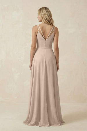 V - Neck A - Line Chiffon Bridesmaid Dress with Crisscross Back in Almond - SHE IS ME Bridesmaid Dresses