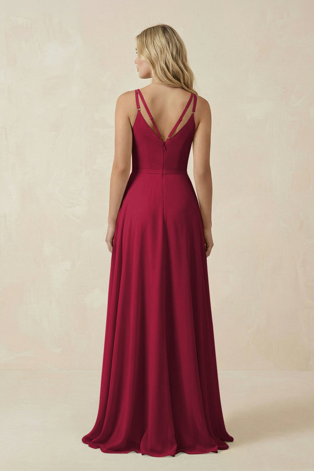 V - Neck A - Line Chiffon Bridesmaid Dress with Crisscross Back in Berry - SHE IS ME Bridesmaid Dresses
