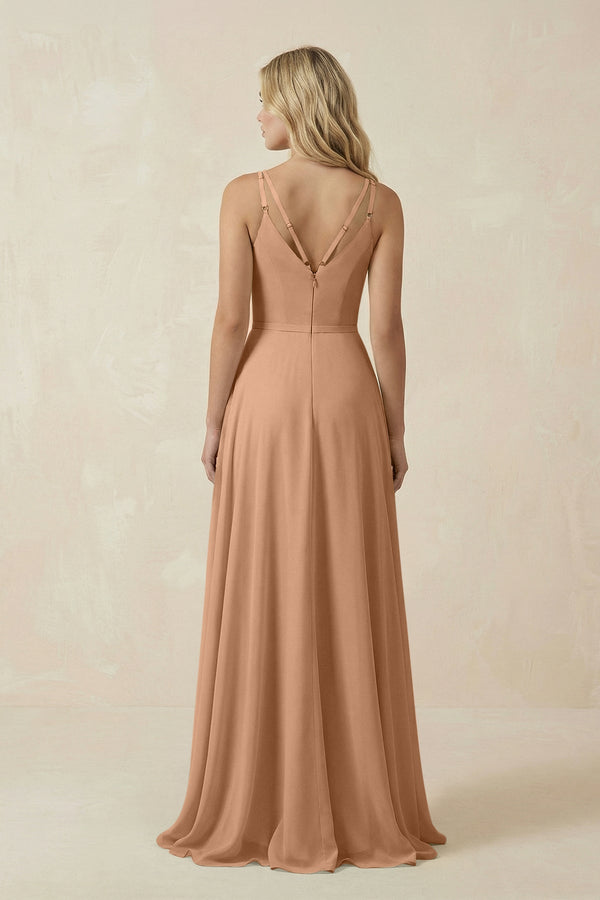 V - Neck A - Line Chiffon Bridesmaid Dress with Crisscross Back in Bronzer - SHE IS ME Bridesmaid Dresses