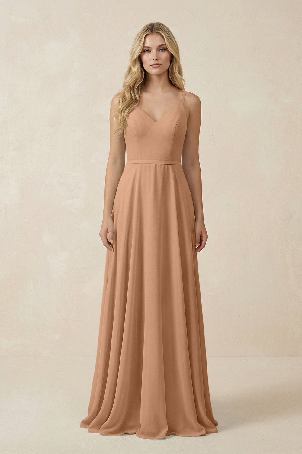 V - Neck A - Line Chiffon Bridesmaid Dress with Crisscross Back in Bronzer - SHE IS ME Bridesmaid Dresses