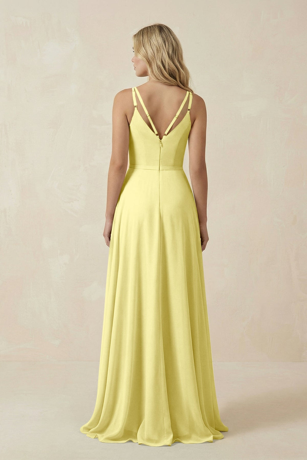 V - Neck A - Line Chiffon Bridesmaid Dress with Crisscross Back in Buttercup - SHE IS ME Bridesmaid Dresses