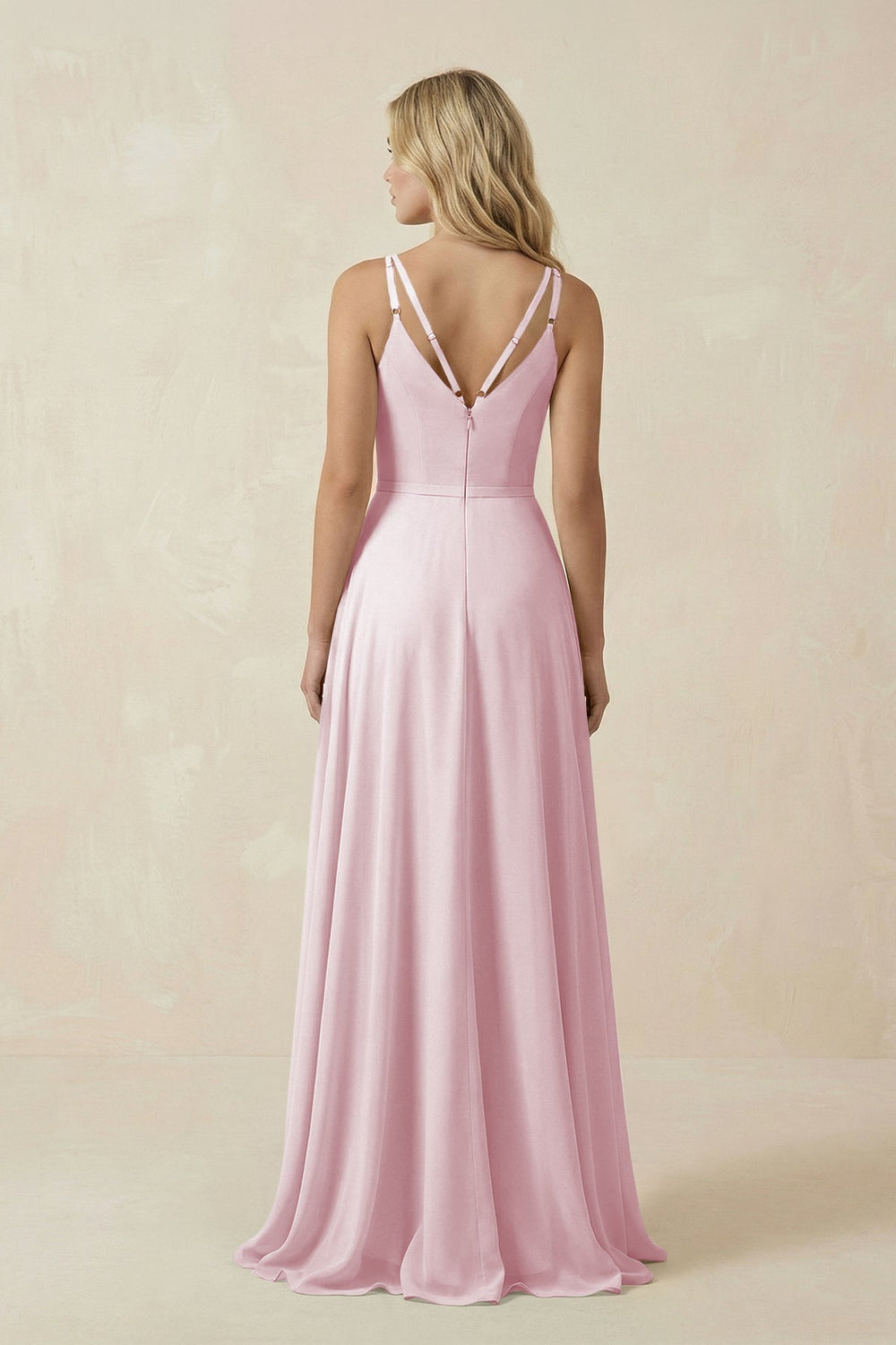 V - Neck A - Line Chiffon Bridesmaid Dress with Crisscross Back in Candy Pink - SHE IS ME Bridesmaid Dresses