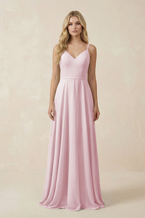 V - Neck A - Line Chiffon Bridesmaid Dress with Crisscross Back in Candy Pink - SHE IS ME Bridesmaid Dresses