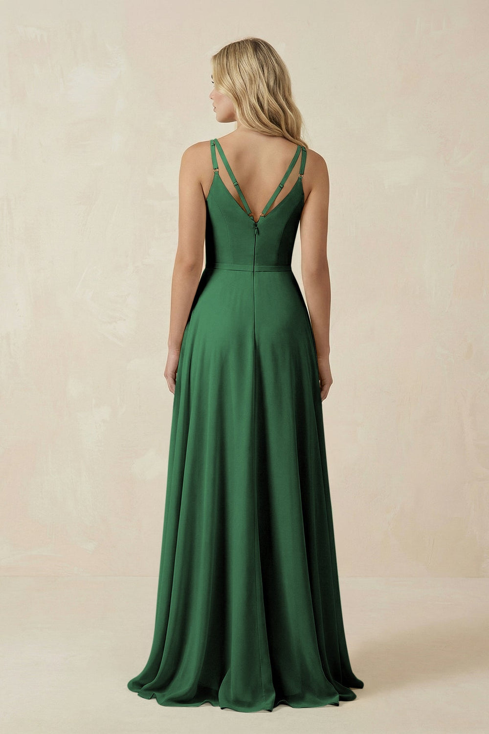 V - Neck A - Line Chiffon Bridesmaid Dress with Crisscross Back in Dark Green - SHE IS ME Bridesmaid Dresses