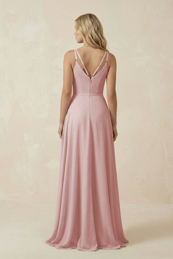 V - Neck A - Line Chiffon Bridesmaid Dress with Crisscross Back in Dusty Rose - SHE IS ME Bridesmaid Dresses