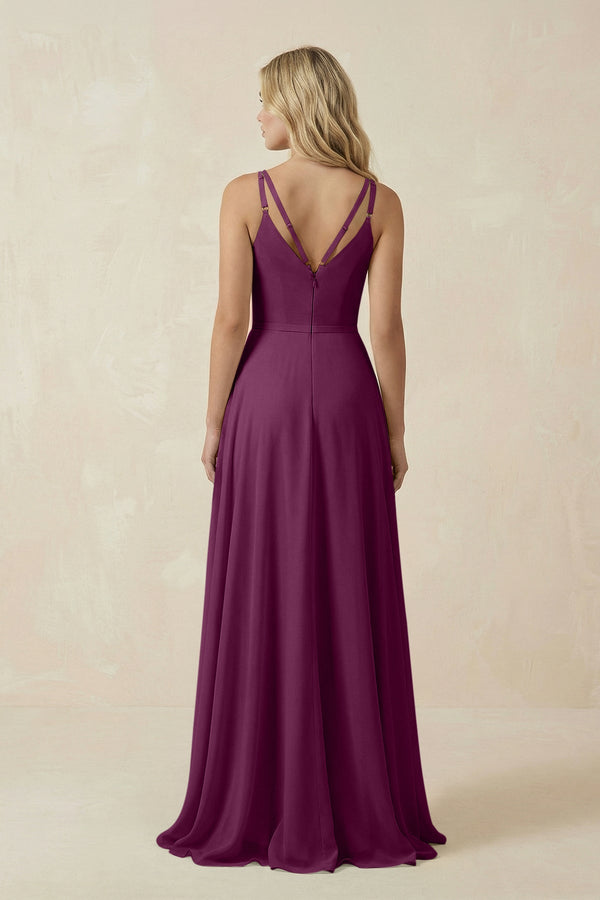 V - Neck A - Line Chiffon Bridesmaid Dress with Crisscross Back in Fig - SHE IS ME Bridesmaid Dresses