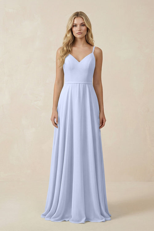 V - Neck A - Line Chiffon Bridesmaid Dress with Crisscross Back in Ice - SHE IS ME Bridesmaid Dresses
