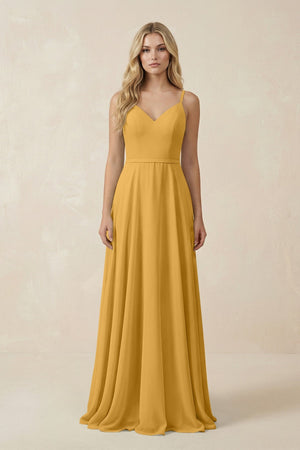 V - Neck A - Line Chiffon Bridesmaid Dress with Crisscross Back in Marigold - SHE IS ME Bridesmaid Dresses