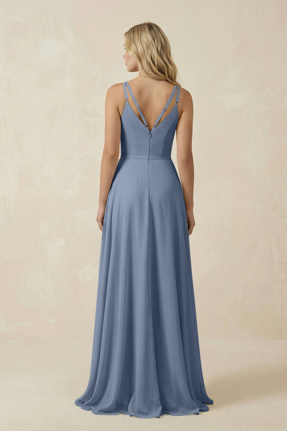 V - Neck A - Line Chiffon Bridesmaid Dress with Crisscross Back in Neptune - SHE IS ME Bridesmaid Dresses