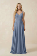 V - Neck A - Line Chiffon Bridesmaid Dress with Crisscross Back in Neptune - SHE IS ME Bridesmaid Dresses