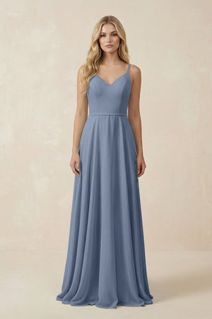 V - Neck A - Line Chiffon Bridesmaid Dress with Crisscross Back in Neptune - SHE IS ME Bridesmaid Dresses