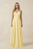 V - Neck A - Line Chiffon Bridesmaid Dress with Crisscross Back in Pastel Yellow - SHE IS ME Bridesmaid Dresses