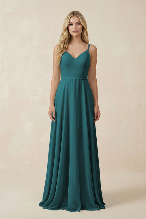 V - Neck A - Line Chiffon Bridesmaid Dress with Crisscross Back in Pine - SHE IS ME Bridesmaid Dresses