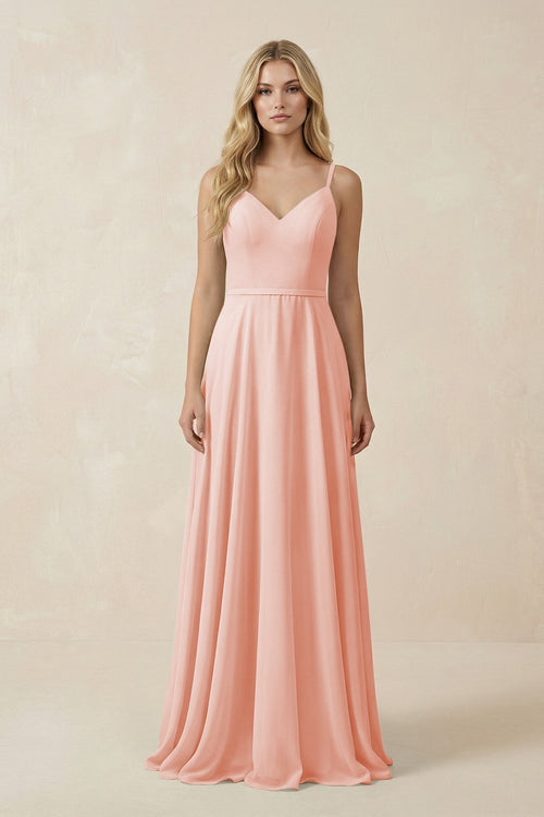 V - Neck A - Line Chiffon Bridesmaid Dress with Crisscross Back in Rose Petal - SHE IS ME Bridesmaid Dresses