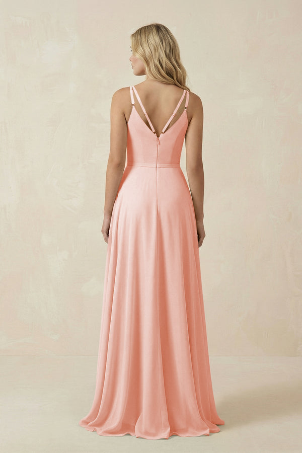 V - Neck A - Line Chiffon Bridesmaid Dress with Crisscross Back in Rose Petal - SHE IS ME Bridesmaid Dresses