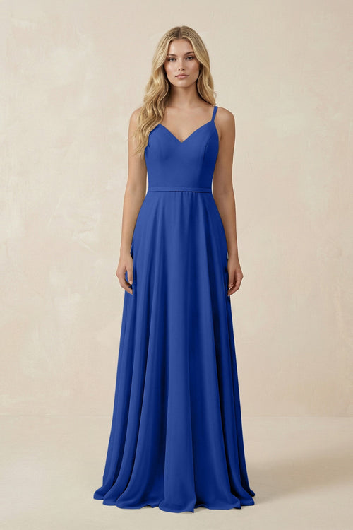 V - Neck A - Line Chiffon Bridesmaid Dress with Crisscross Back in Royal Blue - SHE IS ME Bridesmaid Dresses