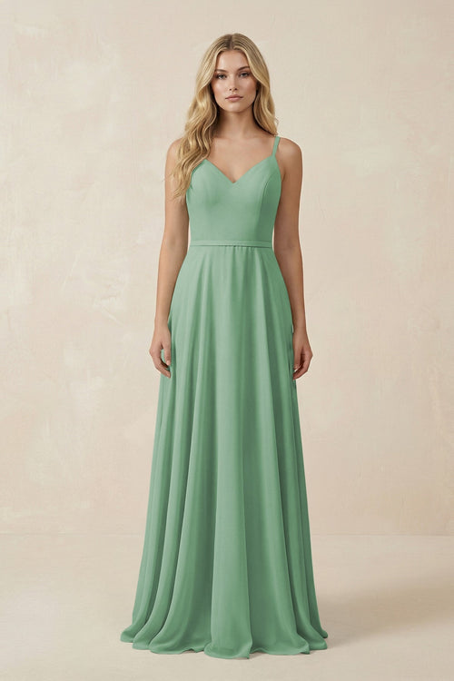 V - Neck A - Line Chiffon Bridesmaid Dress with Crisscross Back in Sea Glass - SHE IS ME Bridesmaid Dresses