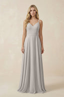 V - Neck A - Line Chiffon Bridesmaid Dress with Crisscross Back in Silver - SHE IS ME Bridesmaid Dresses