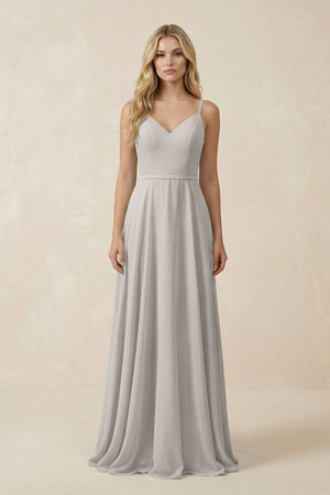 V - Neck A - Line Chiffon Bridesmaid Dress with Crisscross Back in Silver - SHE IS ME Bridesmaid Dresses