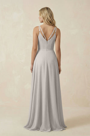 V - Neck A - Line Chiffon Bridesmaid Dress with Crisscross Back in Silver - SHE IS ME Bridesmaid Dresses