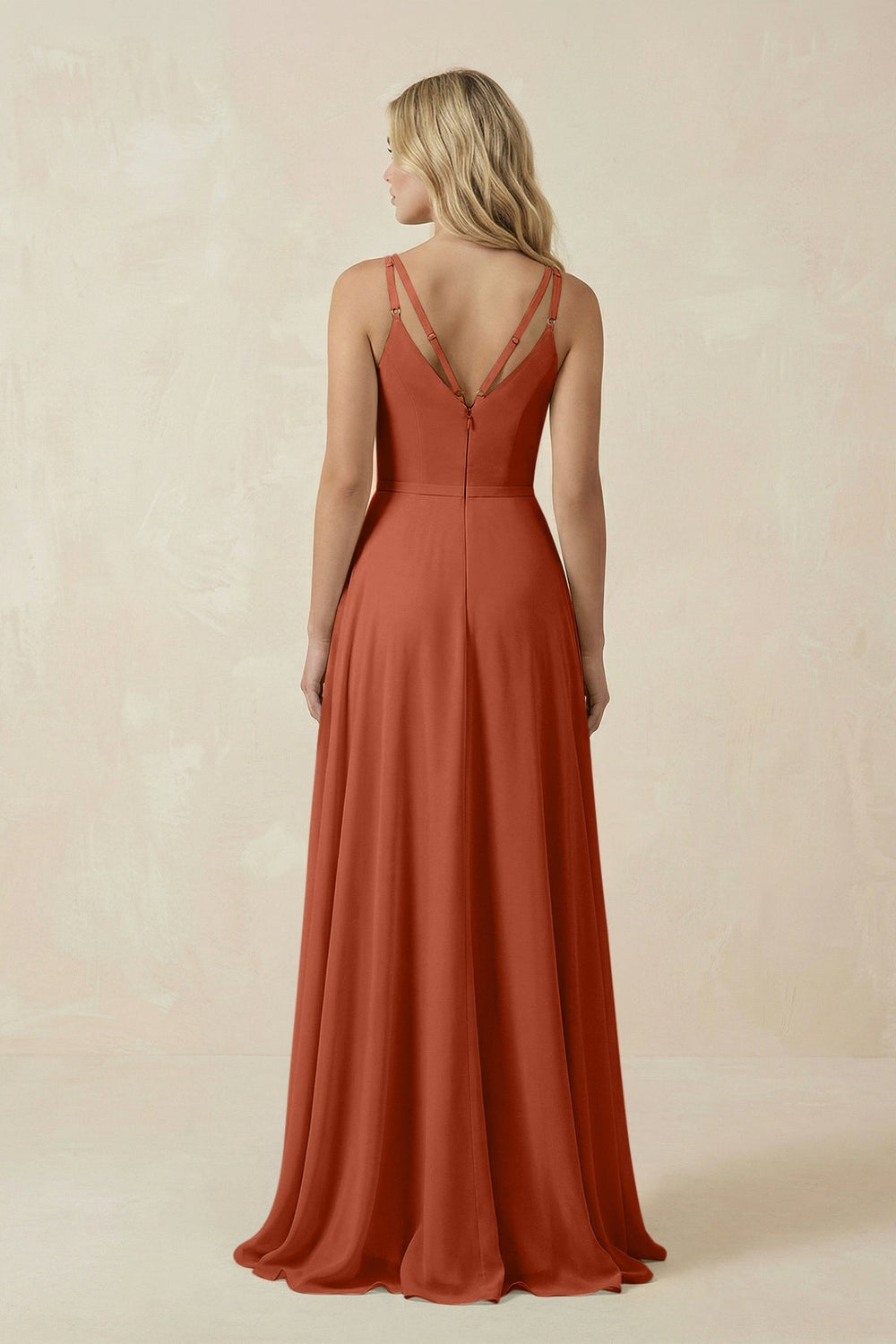 V - Neck A - Line Chiffon Bridesmaid Dress with Crisscross Back in Spice - SHE IS ME Bridesmaid Dresses