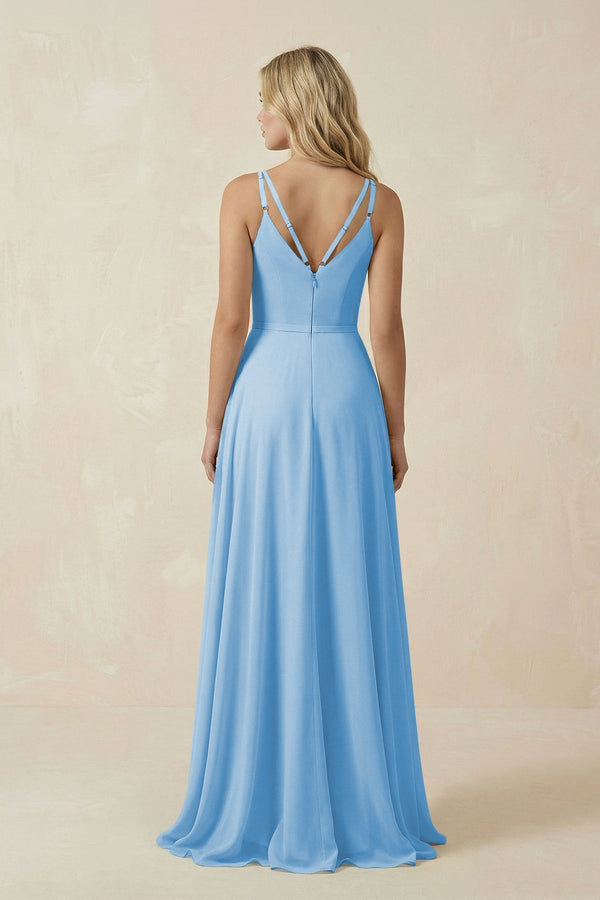 V - Neck A - Line Chiffon Bridesmaid Dress with Crisscross Back in Steel Blue - SHE IS ME Bridesmaid Dresses