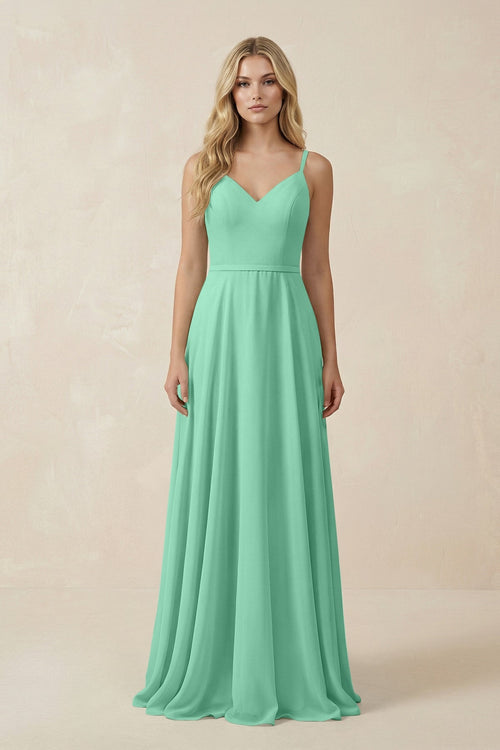 V - Neck A - Line Chiffon Bridesmaid Dress with Crisscross Back in Turquoise - SHE IS ME Bridesmaid Dresses