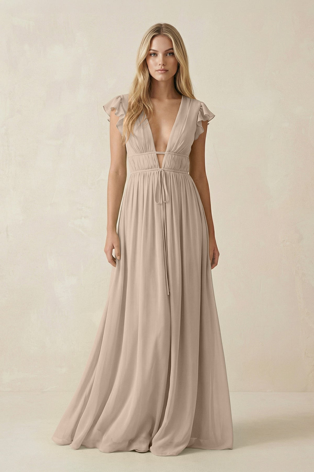 V - Neck A - Line Chiffon Cap Sleeves Bridesmaid Dress in Almond - SHE IS ME Bridesmaid Dresses