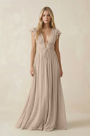 V - Neck A - Line Chiffon Cap Sleeves Bridesmaid Dress in Almond - SHE IS ME Bridesmaid Dresses
