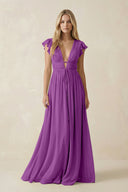 V - Neck A - Line Chiffon Cap Sleeves Bridesmaid Dress in Amethyst - SHE IS ME Bridesmaid Dresses