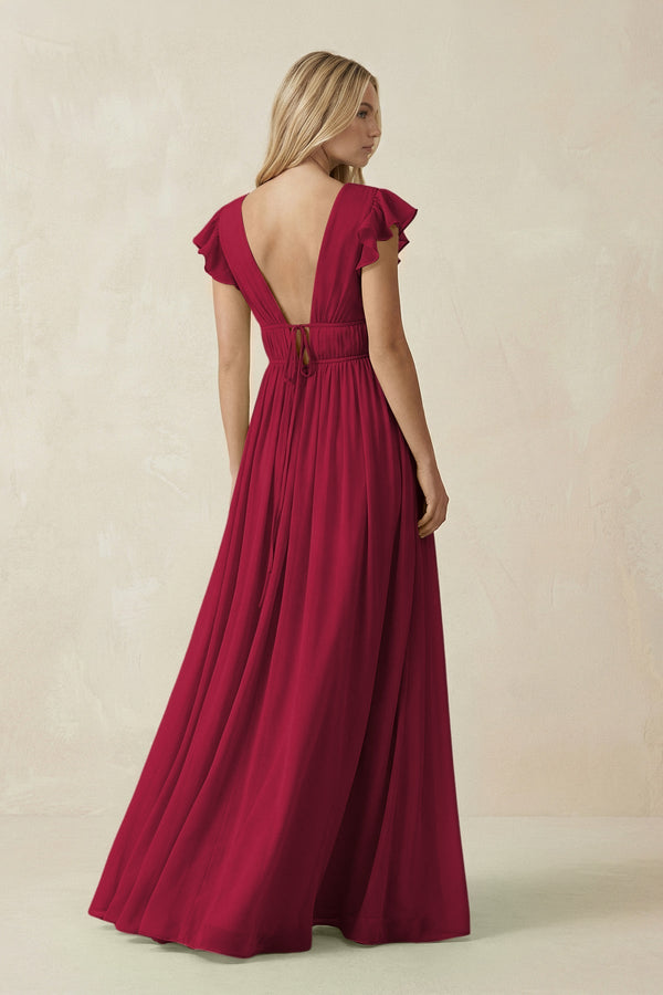 V - Neck A - Line Chiffon Cap Sleeves Bridesmaid Dress in Berry - SHE IS ME Bridesmaid Dresses