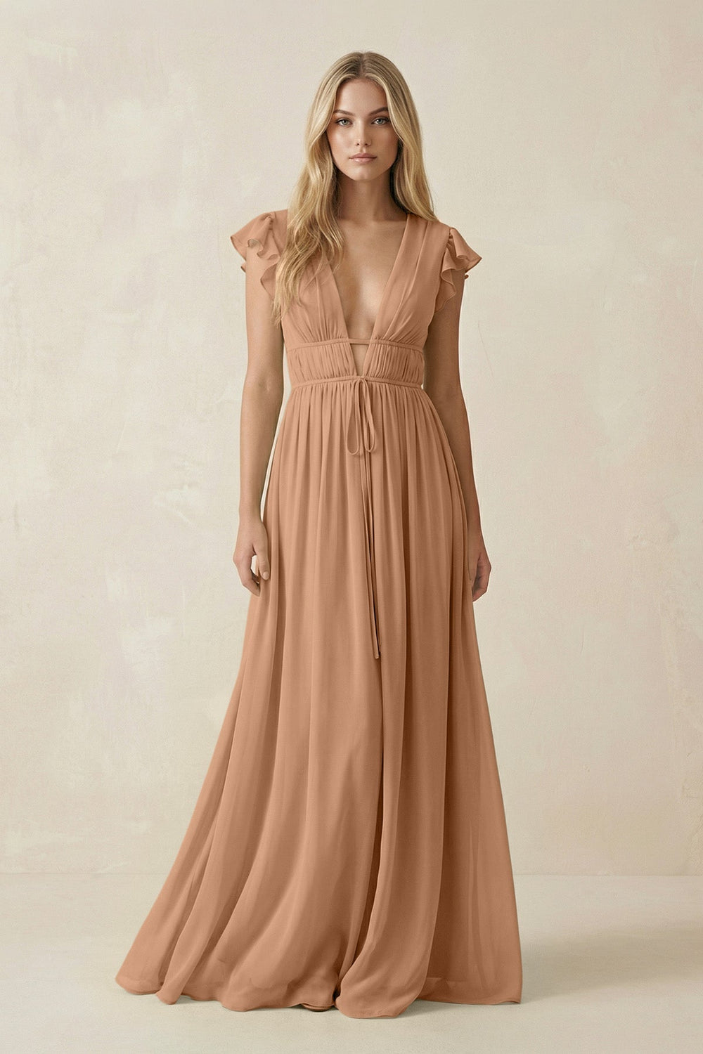 V - Neck A - Line Chiffon Cap Sleeves Bridesmaid Dress in Bronzer - SHE IS ME Bridesmaid Dresses