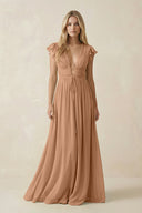 V - Neck A - Line Chiffon Cap Sleeves Bridesmaid Dress in Bronzer - SHE IS ME Bridesmaid Dresses