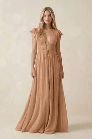 V - Neck A - Line Chiffon Cap Sleeves Bridesmaid Dress in Bronzer - SHE IS ME Bridesmaid Dresses