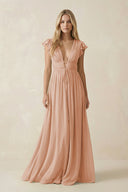 V - Neck A - Line Chiffon Cap Sleeves Bridesmaid Dress in Champagne Rose - SHE IS ME Bridesmaid Dresses