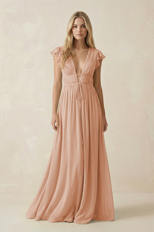 V - Neck A - Line Chiffon Cap Sleeves Bridesmaid Dress in Champagne Rose - SHE IS ME Bridesmaid Dresses