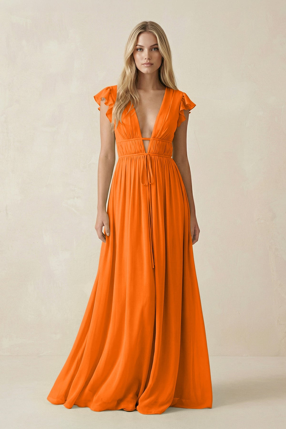 V - Neck A - Line Chiffon Cap Sleeves Bridesmaid Dress in Cinnamon - SHE IS ME Bridesmaid Dresses