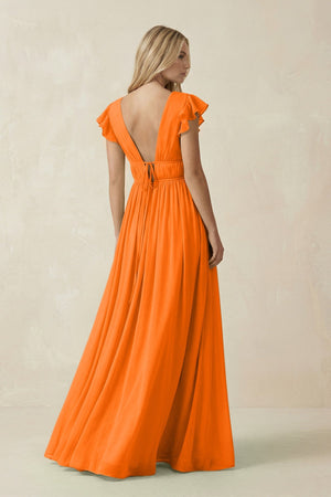 V - Neck A - Line Chiffon Cap Sleeves Bridesmaid Dress in Cinnamon - SHE IS ME Bridesmaid Dresses