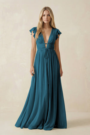 V - Neck A - Line Chiffon Cap Sleeves Bridesmaid Dress in Dark Teal - SHE IS ME Bridesmaid Dresses