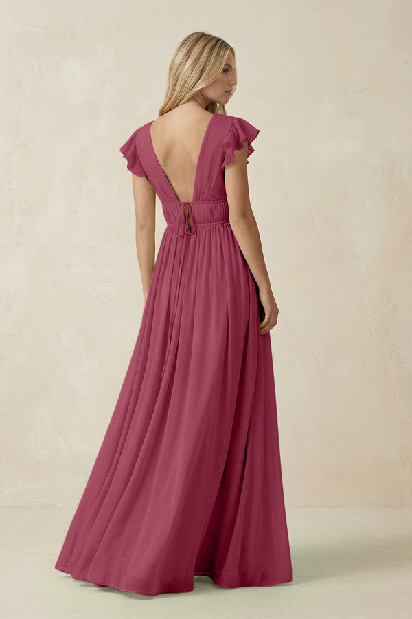 V - Neck A - Line Chiffon Cap Sleeves Bridesmaid Dress in Desert Rose - SHE IS ME Bridesmaid Dresses