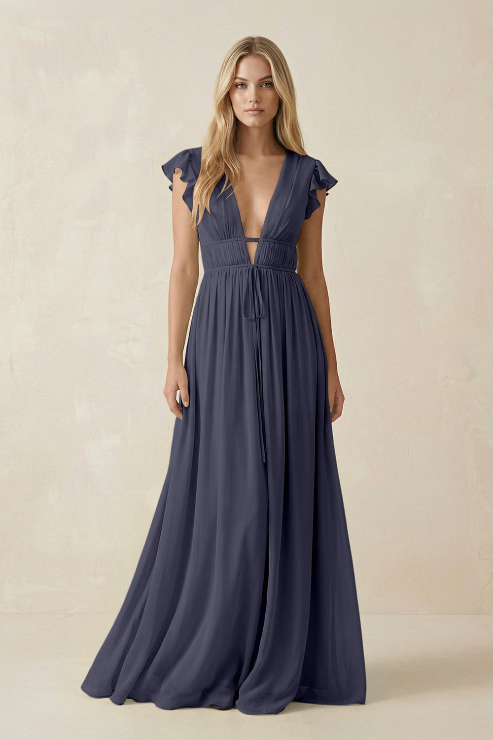 V - Neck A - Line Chiffon Cap Sleeves Bridesmaid Dress in Dusk Blue - SHE IS ME Bridesmaid Dresses
