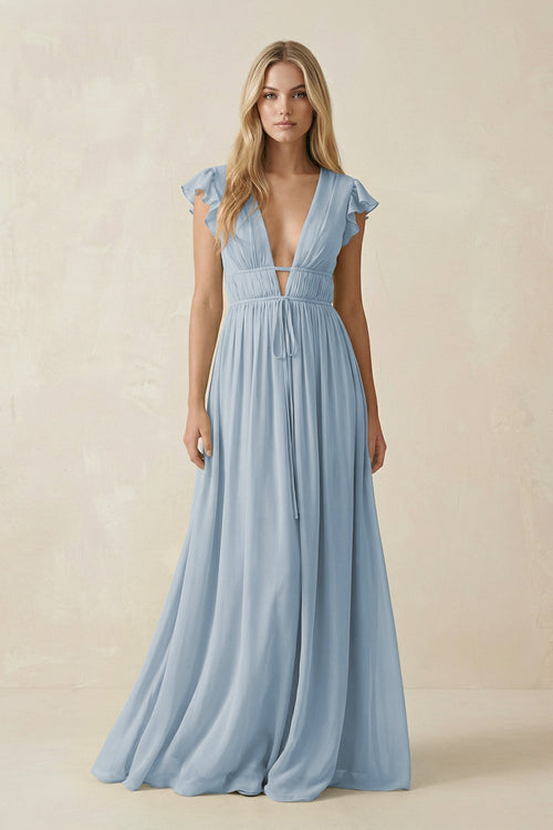 V - Neck A - Line Chiffon Cap Sleeves Bridesmaid Dress in Dusty Blue - SHE IS ME Bridesmaid Dresses