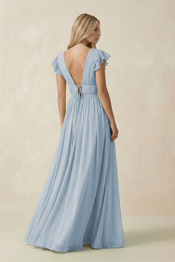 V - Neck A - Line Chiffon Cap Sleeves Bridesmaid Dress in Dusty Blue - SHE IS ME Bridesmaid Dresses