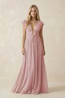 V - Neck A - Line Chiffon Cap Sleeves Bridesmaid Dress in Dusty Rose - SHE IS ME Bridesmaid Dresses