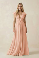 V - Neck A - Line Chiffon Cap Sleeves Bridesmaid Dress in English Rose - SHE IS ME Bridesmaid Dresses