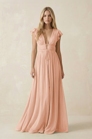 V - Neck A - Line Chiffon Cap Sleeves Bridesmaid Dress in English Rose - SHE IS ME Bridesmaid Dresses