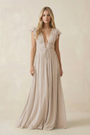 V - Neck A - Line Chiffon Cap Sleeves Bridesmaid Dress in Frost - SHE IS ME Bridesmaid Dresses